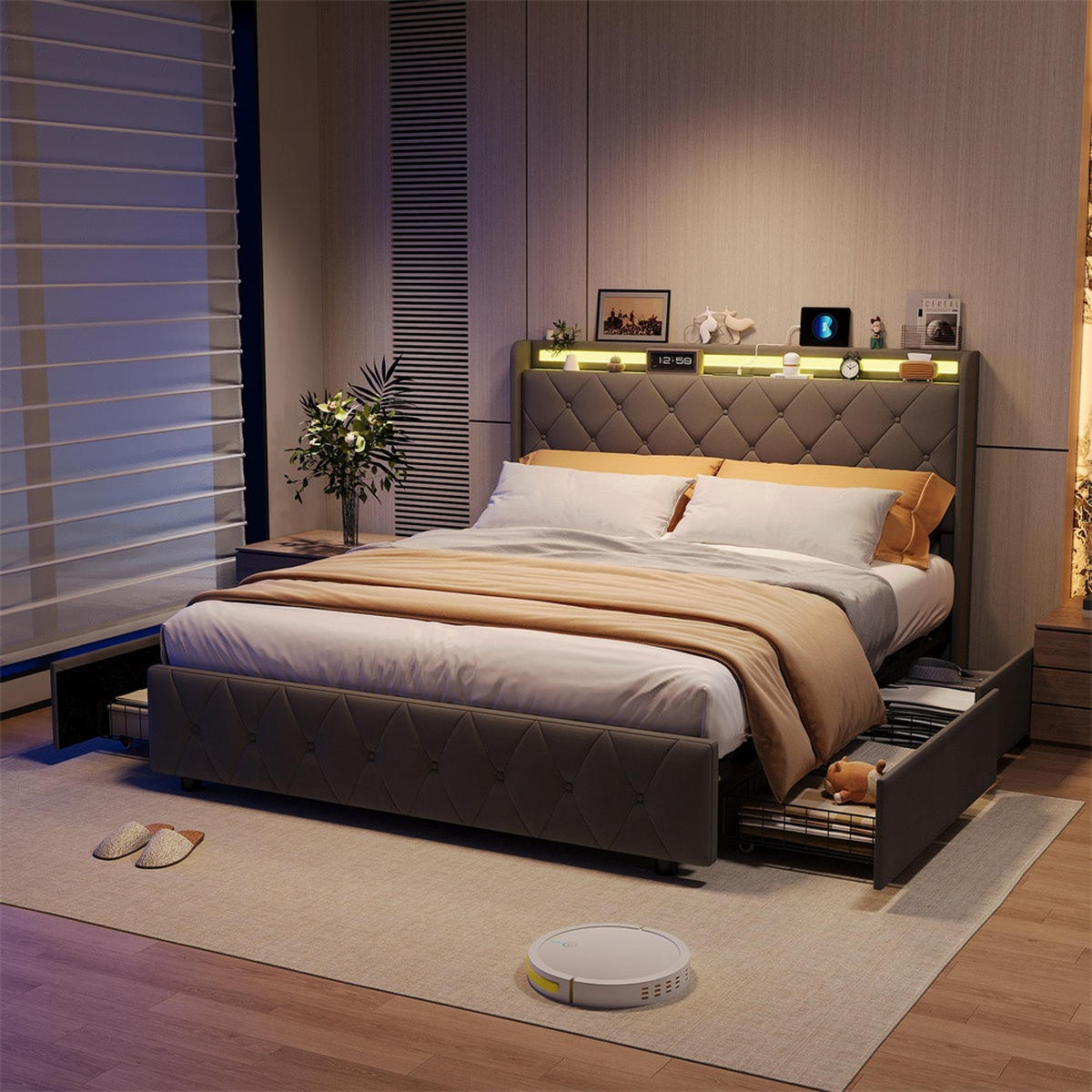 POLSTERBETT 140x200 cm mit 4 Schubladen & LED-Beleuchtung - USB-Anschlüsse - ohne Matratze - Grau - Grau, Textil (140/200cm) - DELFA