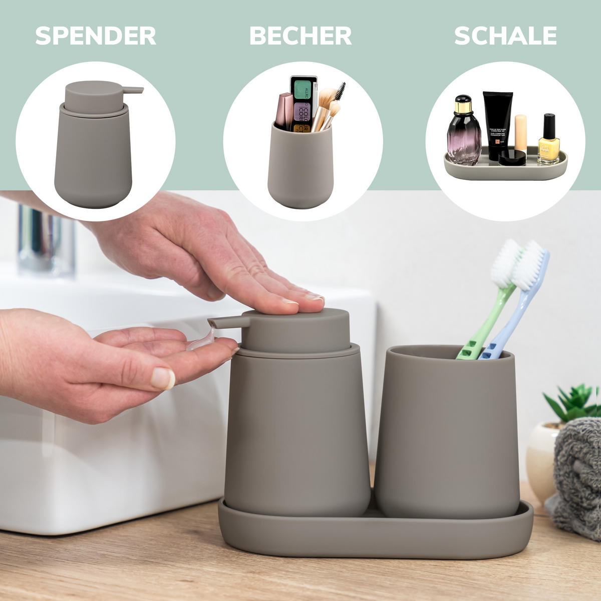 BAD-ACCESSOIRES-SET TESERO, Soft-Touch, braun - Braun, Kunststoff (22.5/25.5/25cm) - eluno
