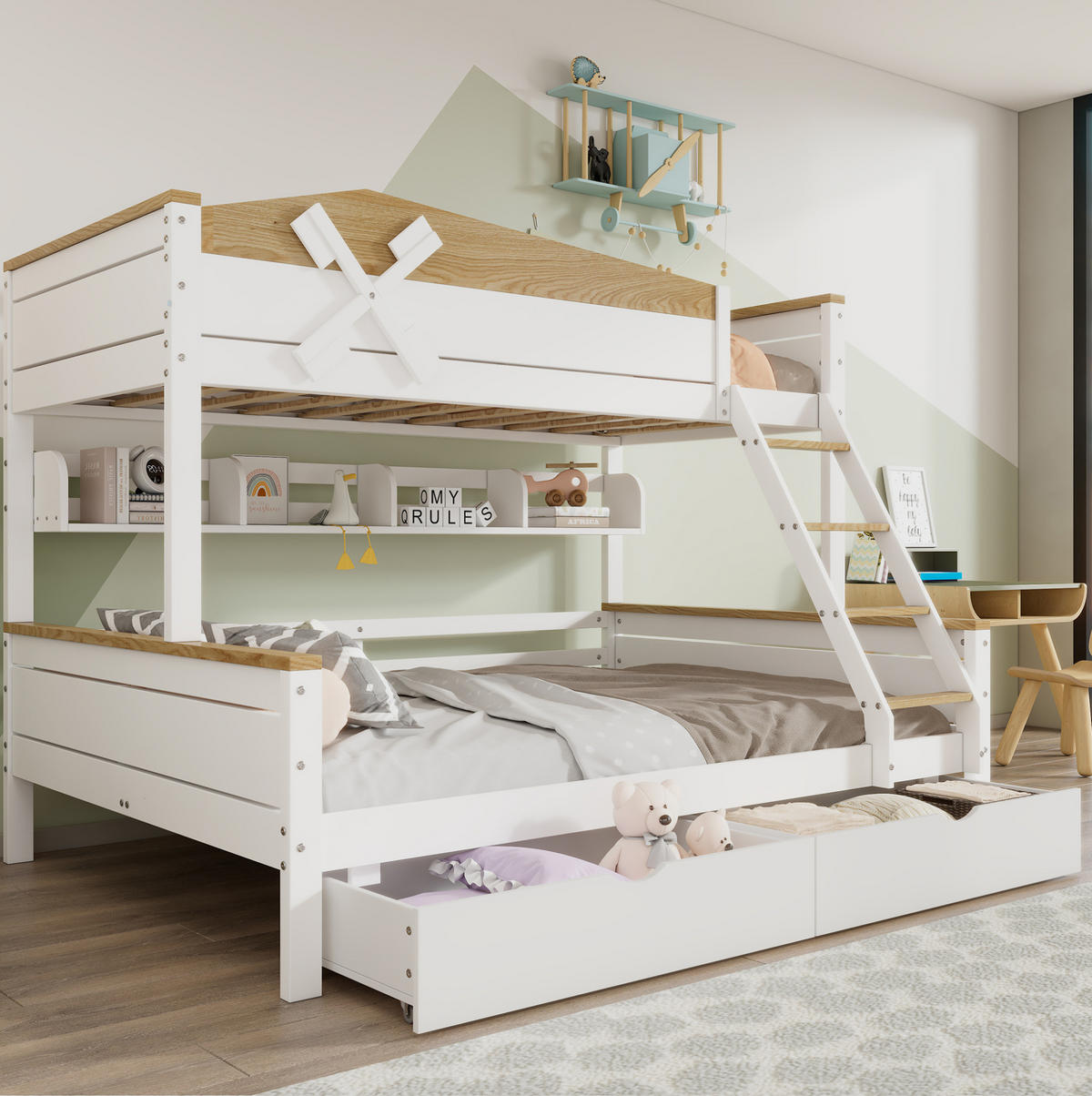 ETAGENBETT aus Kiefer und MDF 90x200/140x200 cm Weiß/Natur mit Regalen, Schubladen und Windmühlen-Design - Weiß, Holzwerkstoff (90/200cm) - Modfu