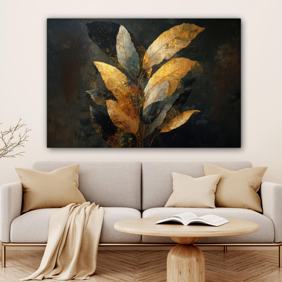 LEINWANDBILD Golden Leaf Komposition - Botanical Luxury Groß 140x90 cm - Goldfarben/Schwarz, Textil (140/90cm) - MuchoWow