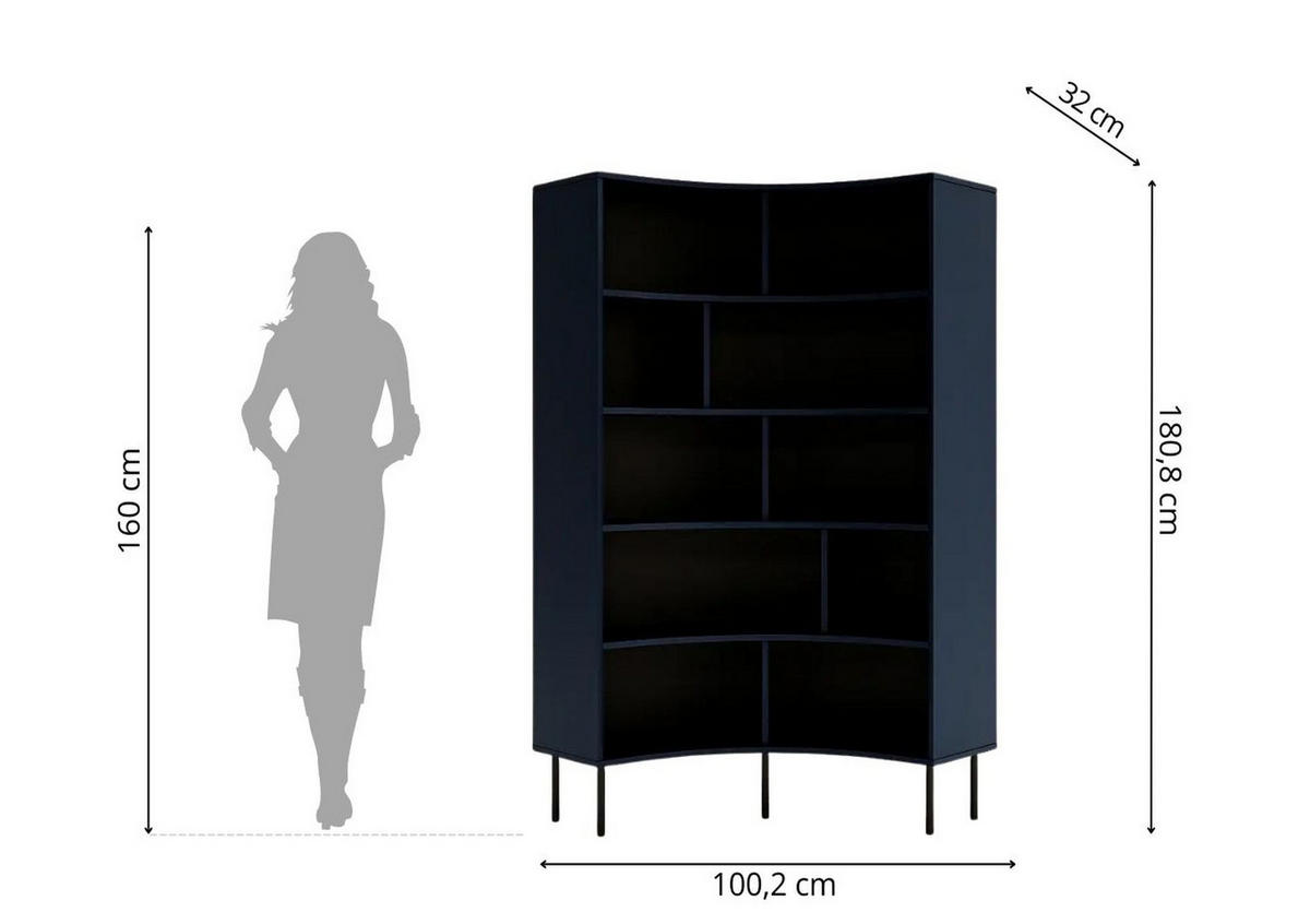 BÜCHERREGAL Horn, Grün, Bogenform, 10 Fächern - Dunkelgrün/Schwarz, Holzwerkstoff/Metall (100/181/32cm) - Skandica