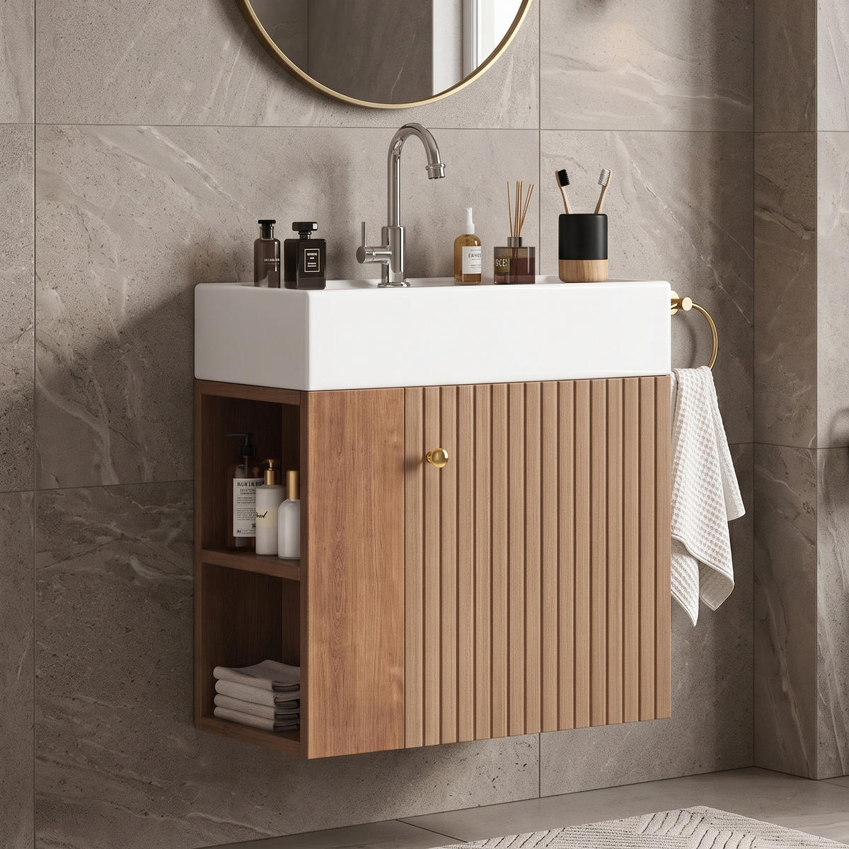 WASCHTISCH mit Unterschrank 55cm Keramikbecken Braun - Braun, Holzwerkstoff (55/66.5/31cm) - Urban Meuble
