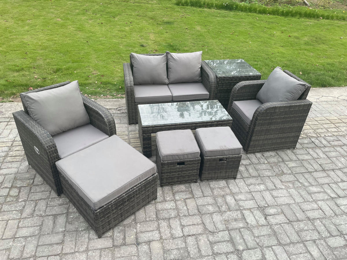 GARTENSOFA SET mit COUCHTISCH Polyrattan 7-Sitzer - Dunkelgrau/Grau, Glas/Kunststoff - Fimous