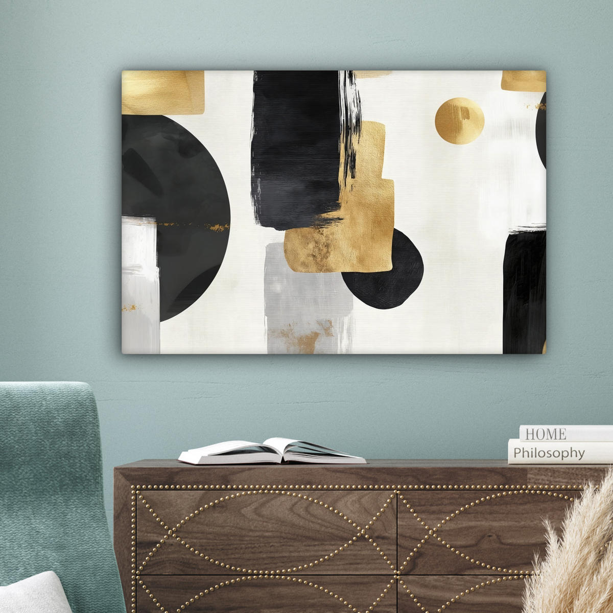 LEINWANDBILD Gold - Rechtecke - Kreise - Abstrakt Wanddeko 90x60 cm - Weiß, Textil (90/60cm) - MuchoWow