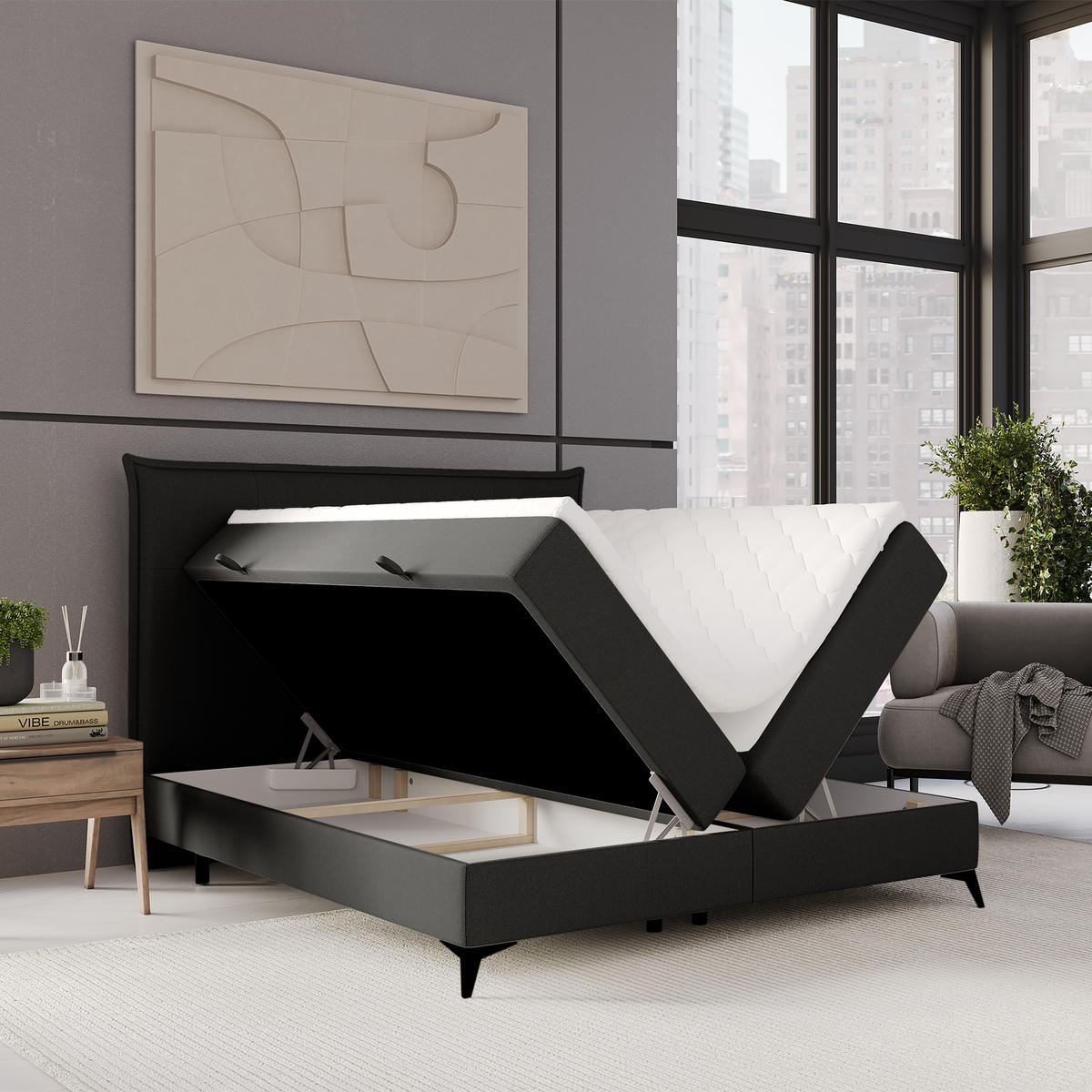 BOXBETT Menzzo Schwarz 120/200 cm mit Matratze und Topper - Schwarz, Holz/Holzwerkstoff (120/200cm) - Maison de Reve