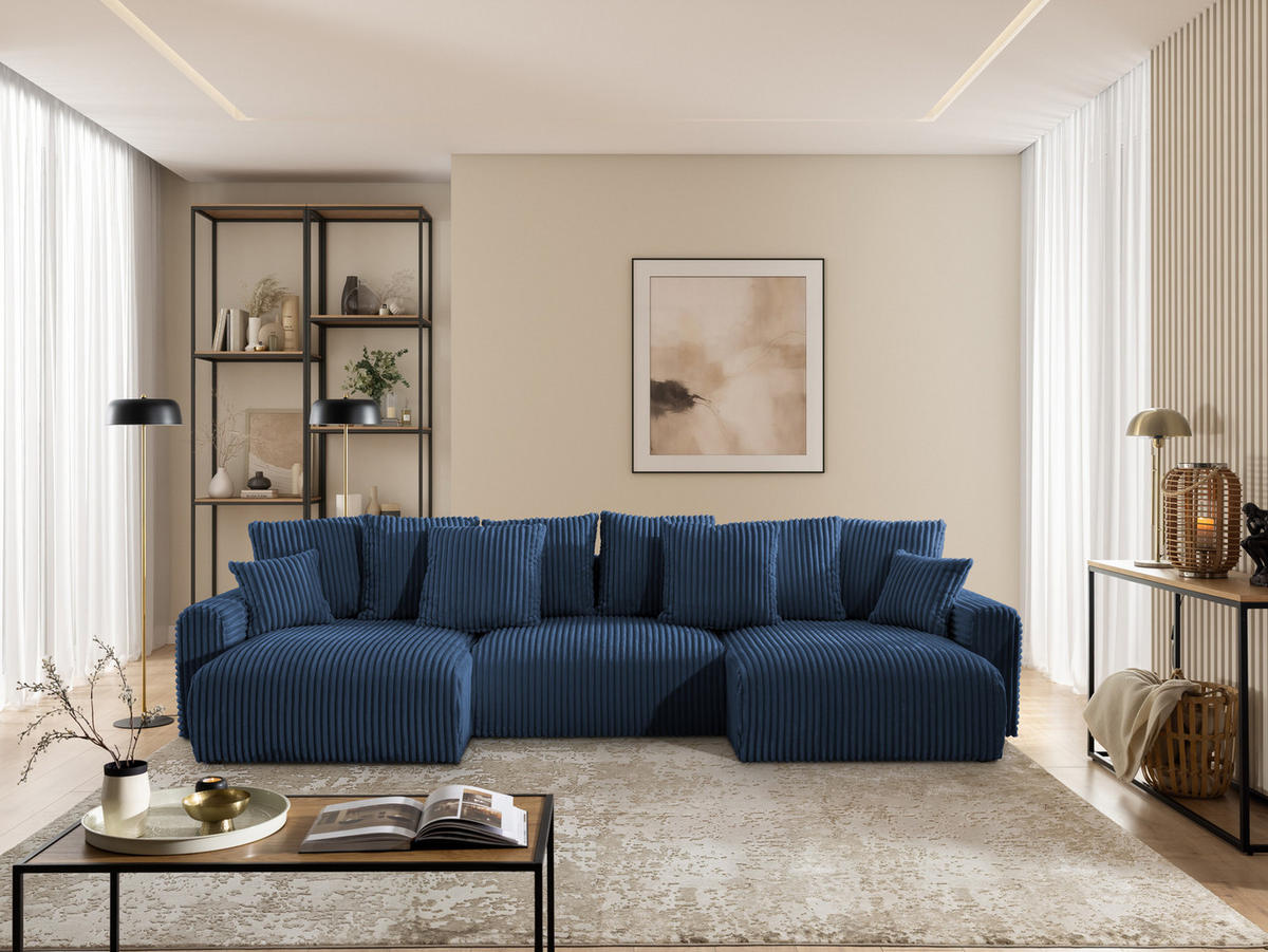 WOHNLANDSCHAFT Calma mit Schlaffunktion und Bettkasten im Bumpy-Design aus weichem Marineblau Plüschcord - Blau/Beige, Holz/Textil (336/88/140cm) - S-Style