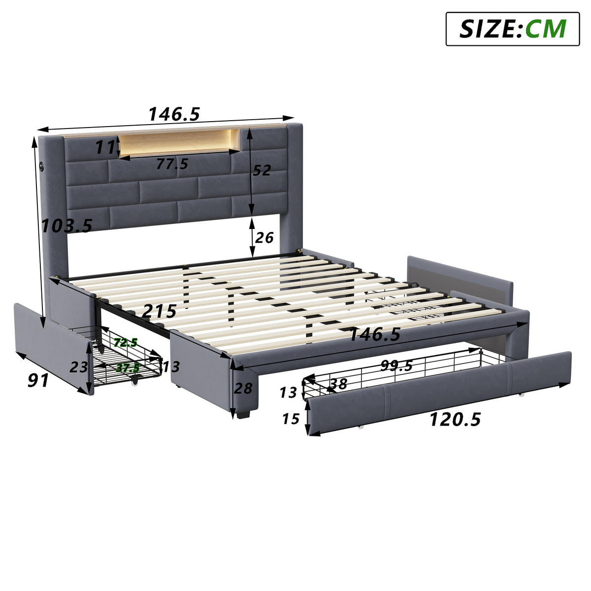 POLSTERBETT 140x200 cm, Grau, mit 3 Schubladen, LED & USB - Grau, Textil/Metall (140/200cm)