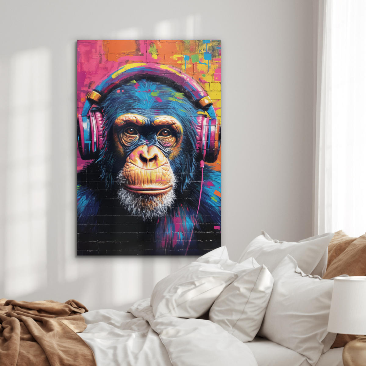 METALLBILD Graffiti - Schimpanse - Straßenkunst - Kopfhörer - Affe 60x90 cm - Blau, Metall (60/90cm) - MuchoWow