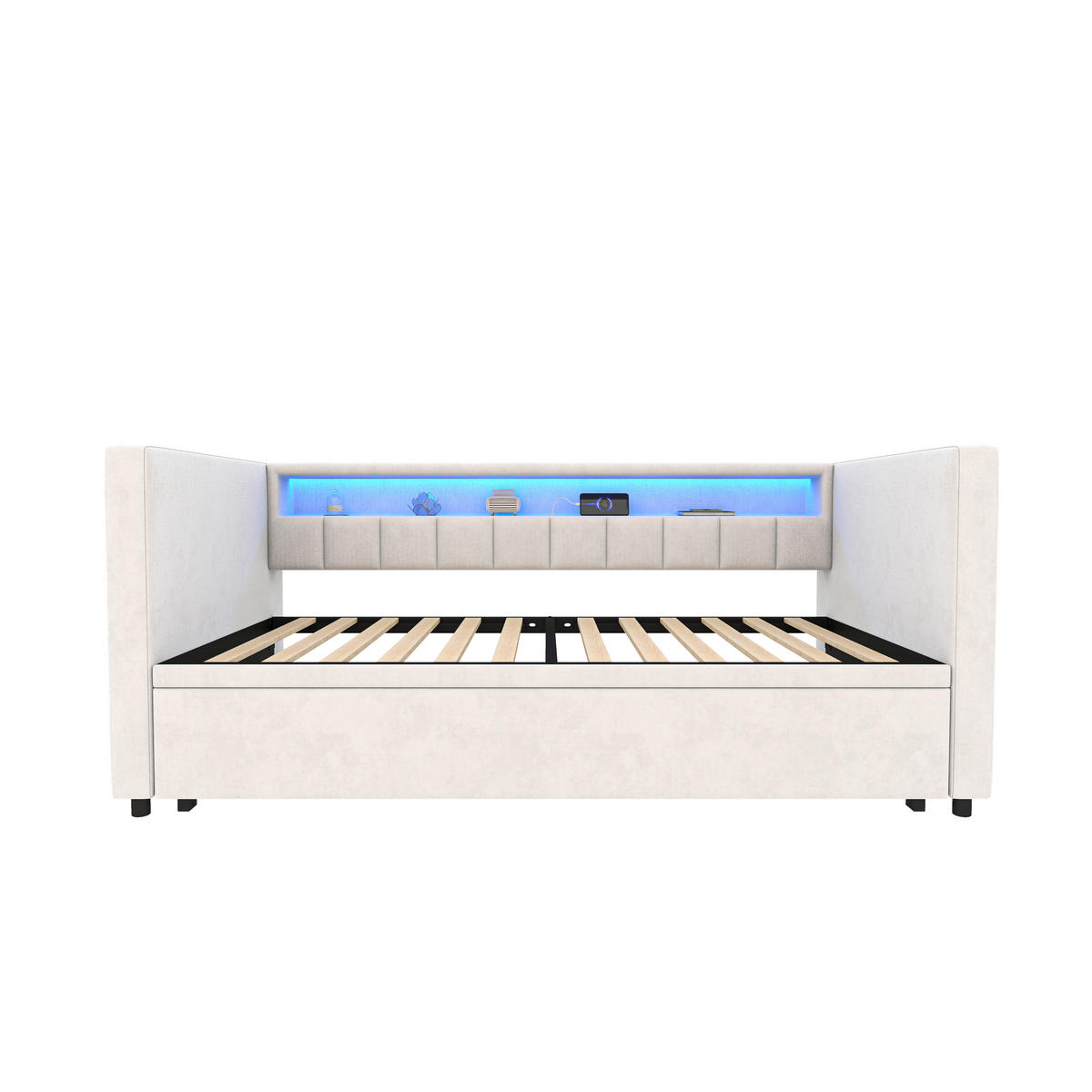 BETT 90/190 cm mit ausziehbarem Bett & USB-Type-C-Anschluss und LED-Beleuchtung Samt Beige - Beige, Textil (90/190cm) - OKWISH