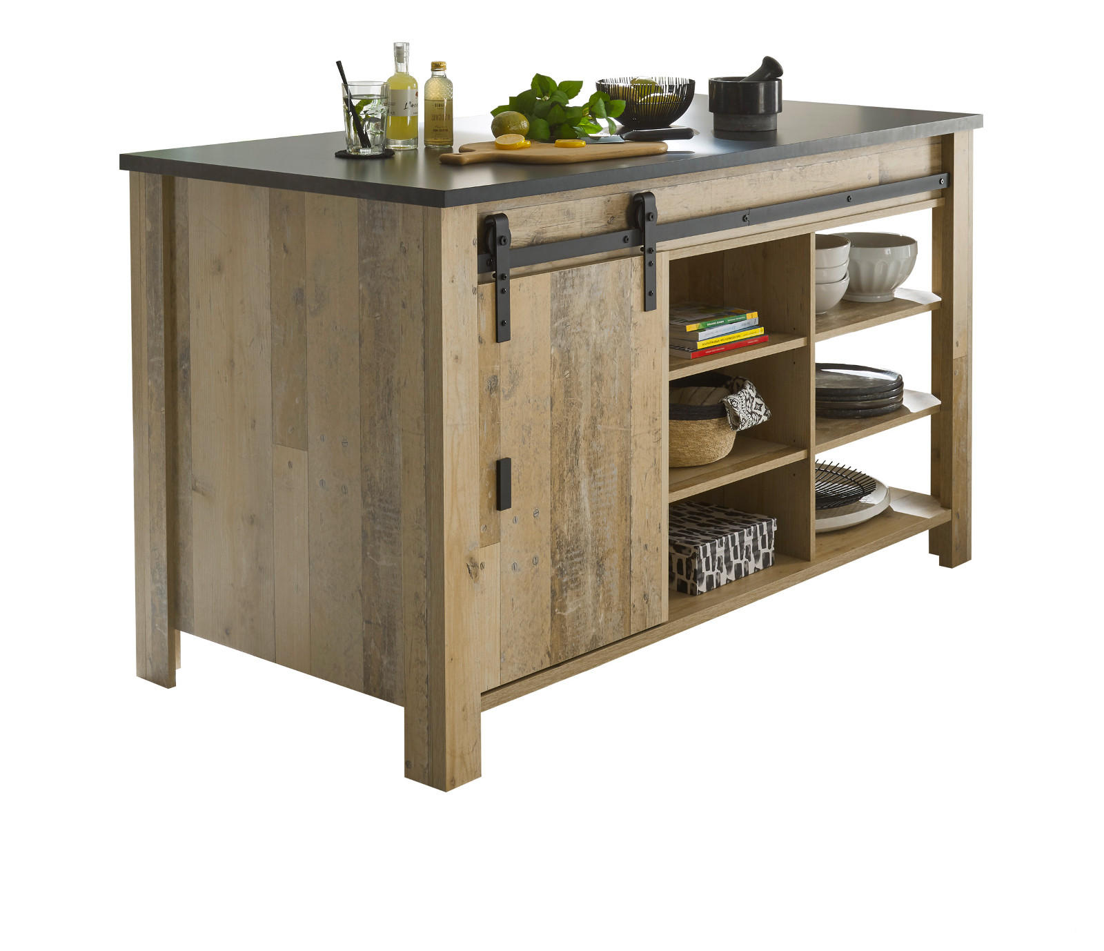 KÜCHENINSEL Used Wood, anthrazit 162 cm, Kochinsel mit Soft-Close - Anthrazit/Schwarz, Holzwerkstoff/Metall (162/93/77cm) - Furn.Design