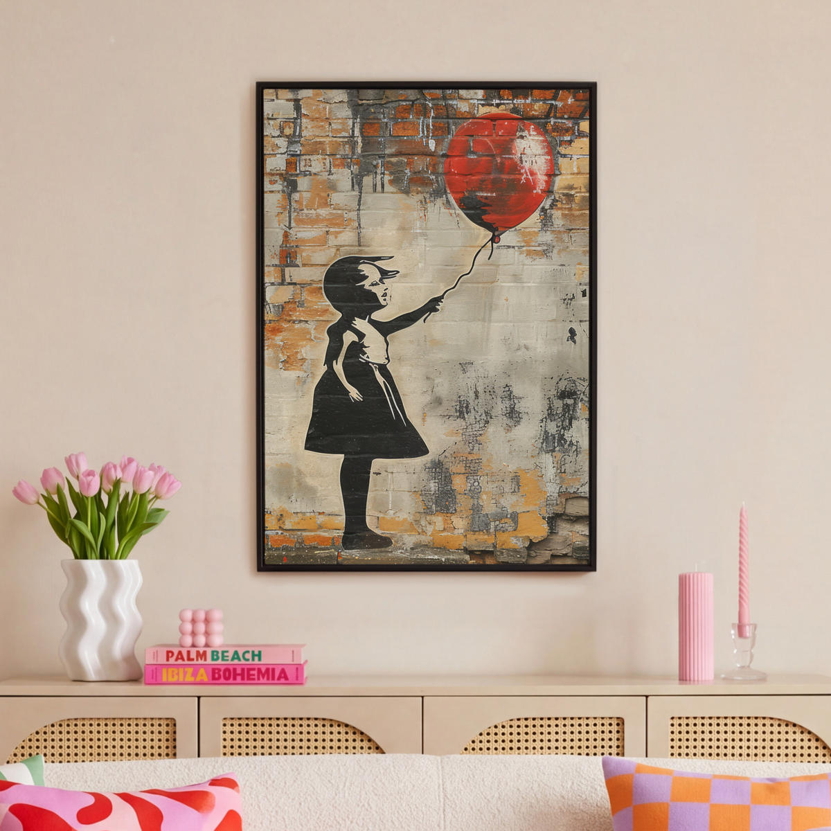 LEINWAND Bilder mit Rahmen - Graffiti - Banksy - Mädchen - Straßenkunst - 60x90 - Sandfarben, Textil (60/90cm) - MuchoWow