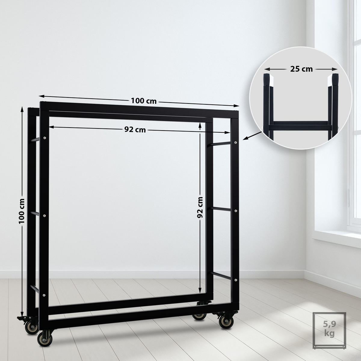 KAMINHOLZREGAL 100/25/100 cm Metall schwarz - Schwarz, Metall (100/100/25cm) - CLP