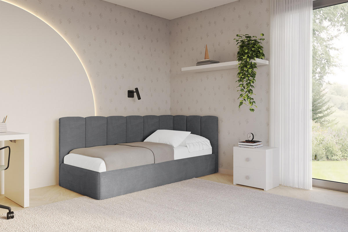 EINZELLBETT Jugendbett mit Bettkasten, Links - DEXY 90x200 Dunkelgrau - Graphitfarben, Holzwerkstoff/Textil (90/200cm) - ALTDECOR