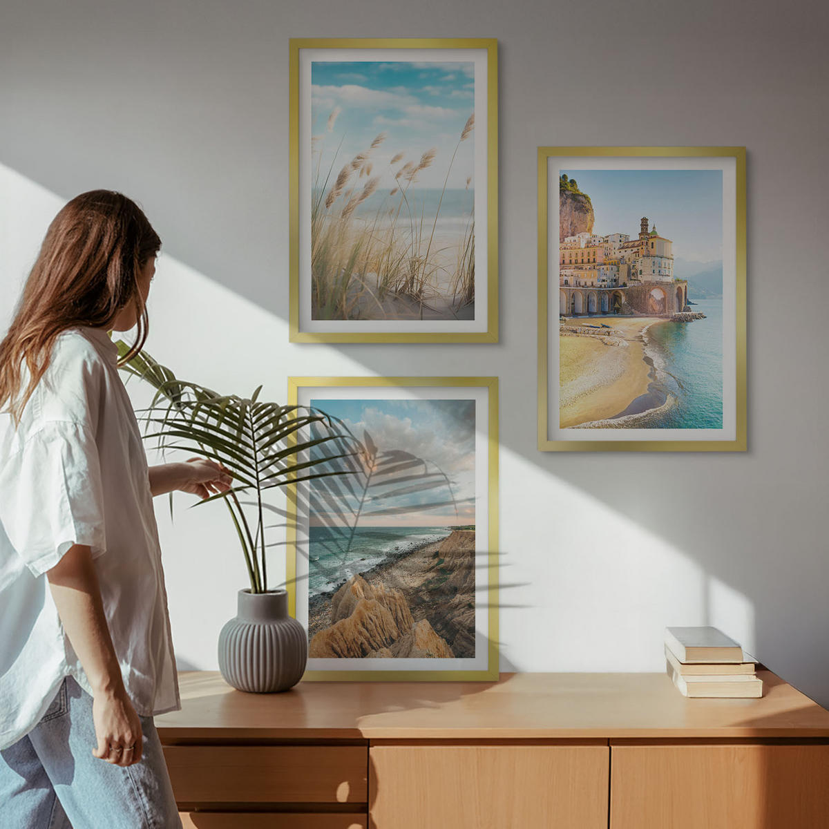 BILDER SET 3er Set - 40x60 cm Goldrahmen - Landschaften Strand Klippen Stadt - Goldfarben, Kunststoff (40/60cm) - TULUP