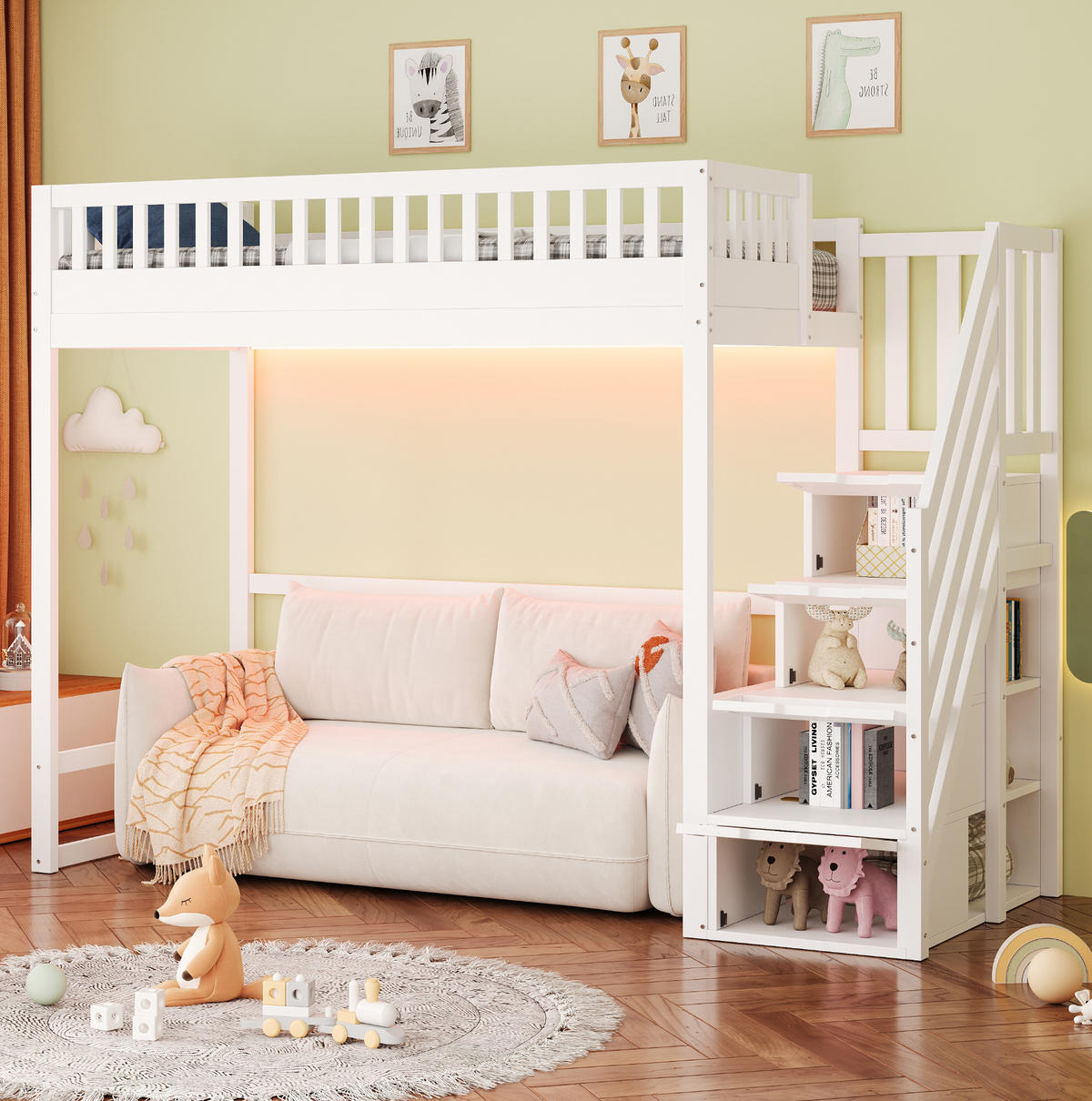 HOCHBETT 90x200 cm in Weiß und Holzfarbe mit Stauraumtreppe und LED-Beleuchtung - Weiß, Holz (90/200cm) - IVMEU