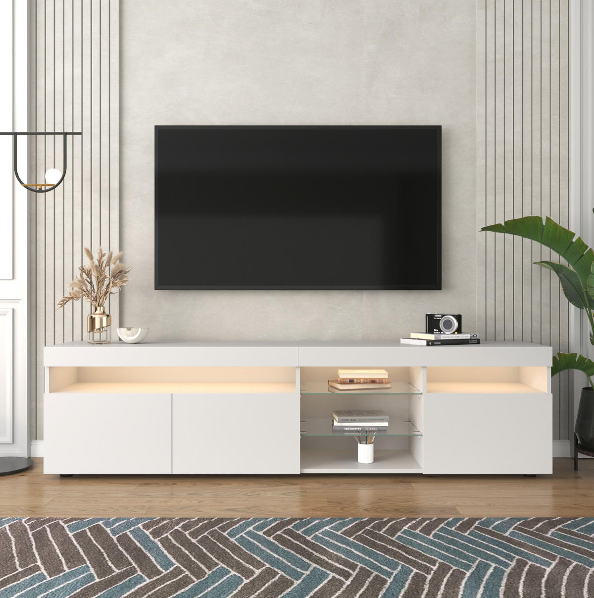 TV-SCHRANK 180/35/48 cm weiß MDF mit variabler LED-Beleuchtung und Glaseinlagen - Weiß, Holzwerkstoff (180/48/35cm) - OKWISH