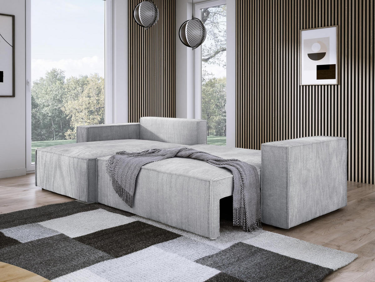 ECKSOFA POSO XL UNIVERSAL, Schlaffunktion und Lattenrost - L-Form, Cord, Federung auf Wellfedern, 274x143x83 cm, Links Silver - Silberfarben, Holz/Textil (277/143cm) - DomoHome