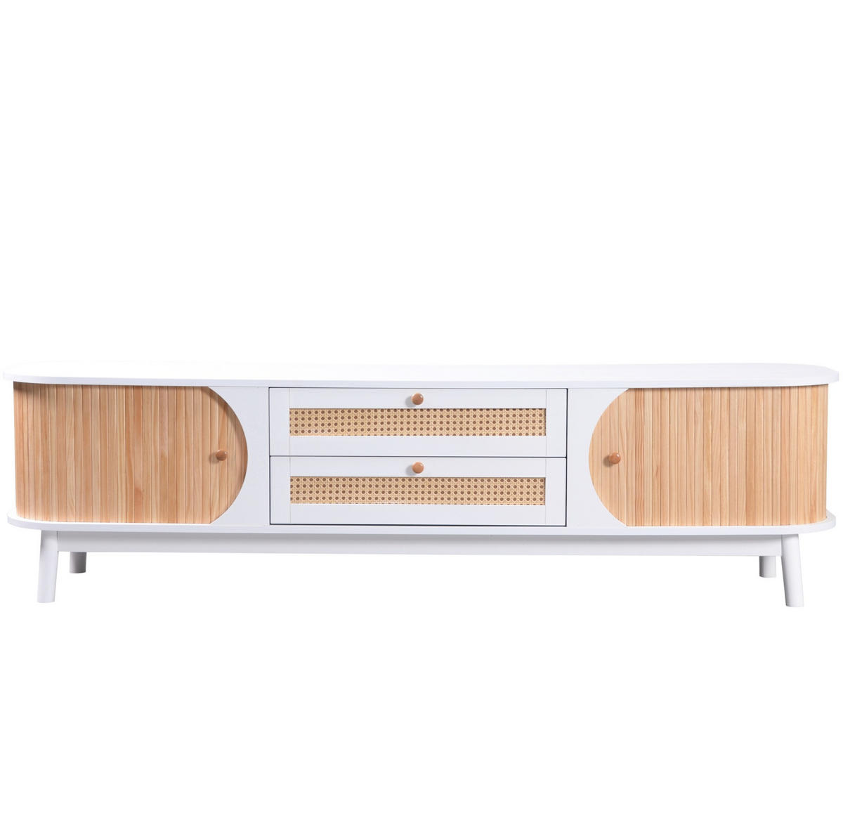 TV-SCHRANK aus MDF 170x39,5x46 cm Weiß/Holzfarben mit Türen und Schubladen in Rattanoptik - Weiß, Holzwerkstoff (170/39.5/46cm) - Modfu