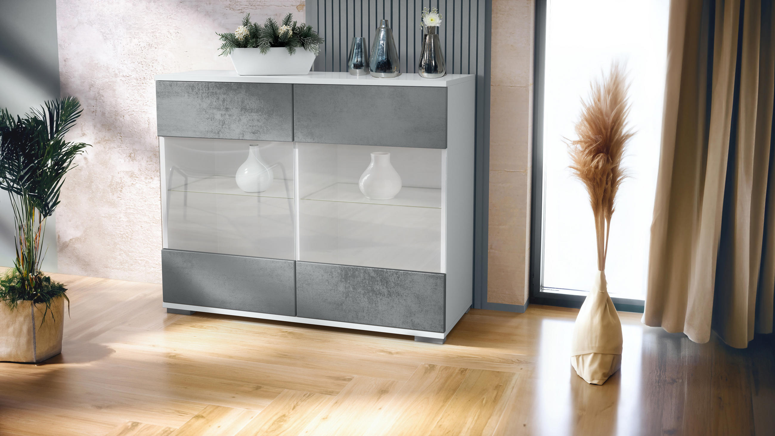KOMMODE Bari Beton Dunkel Optik - Dunkelgrau, Holzwerkstoff (92.5/75.5/35cm) - Vladon