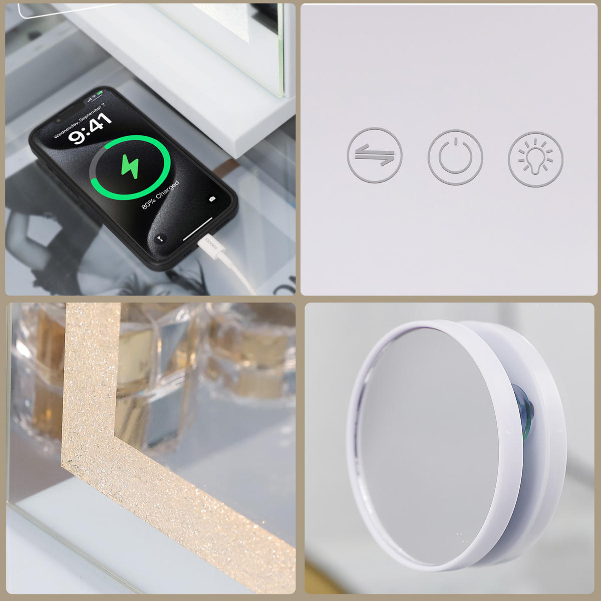 SCHMINKSPIEGEL mit Beleuchtung LED Lichtleiste gestreute Diamanten weiß 80/58 cm - Weiß, Metall (80/58/3cm) - VANITII