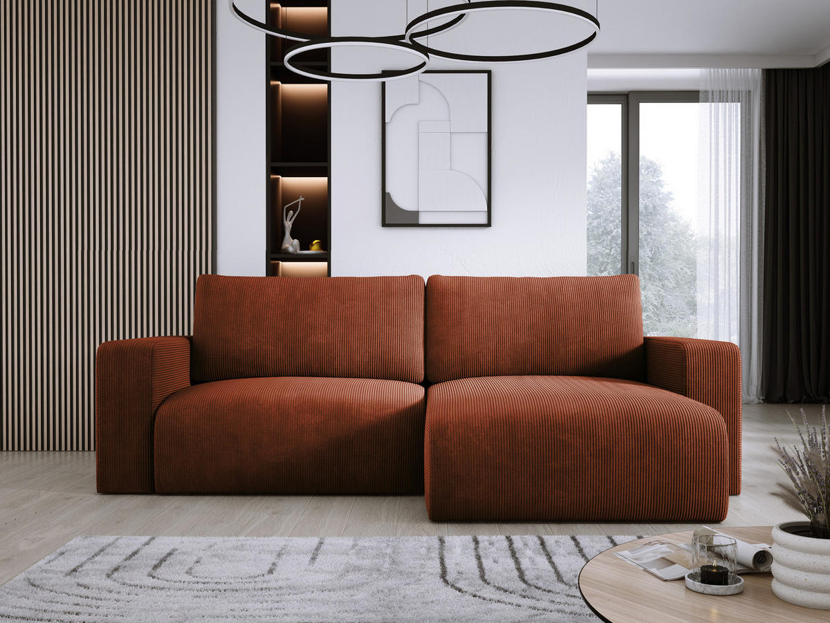 ECKSOFA Carl L-förmig Schlaffunktion und Bettkasten weicher Cordstoff flexibel stellbar lose Rückenkissen freistehend RECHTS 247x143x83cm Brown - Braun, Holz/Textil (247/143cm) - DomoHome