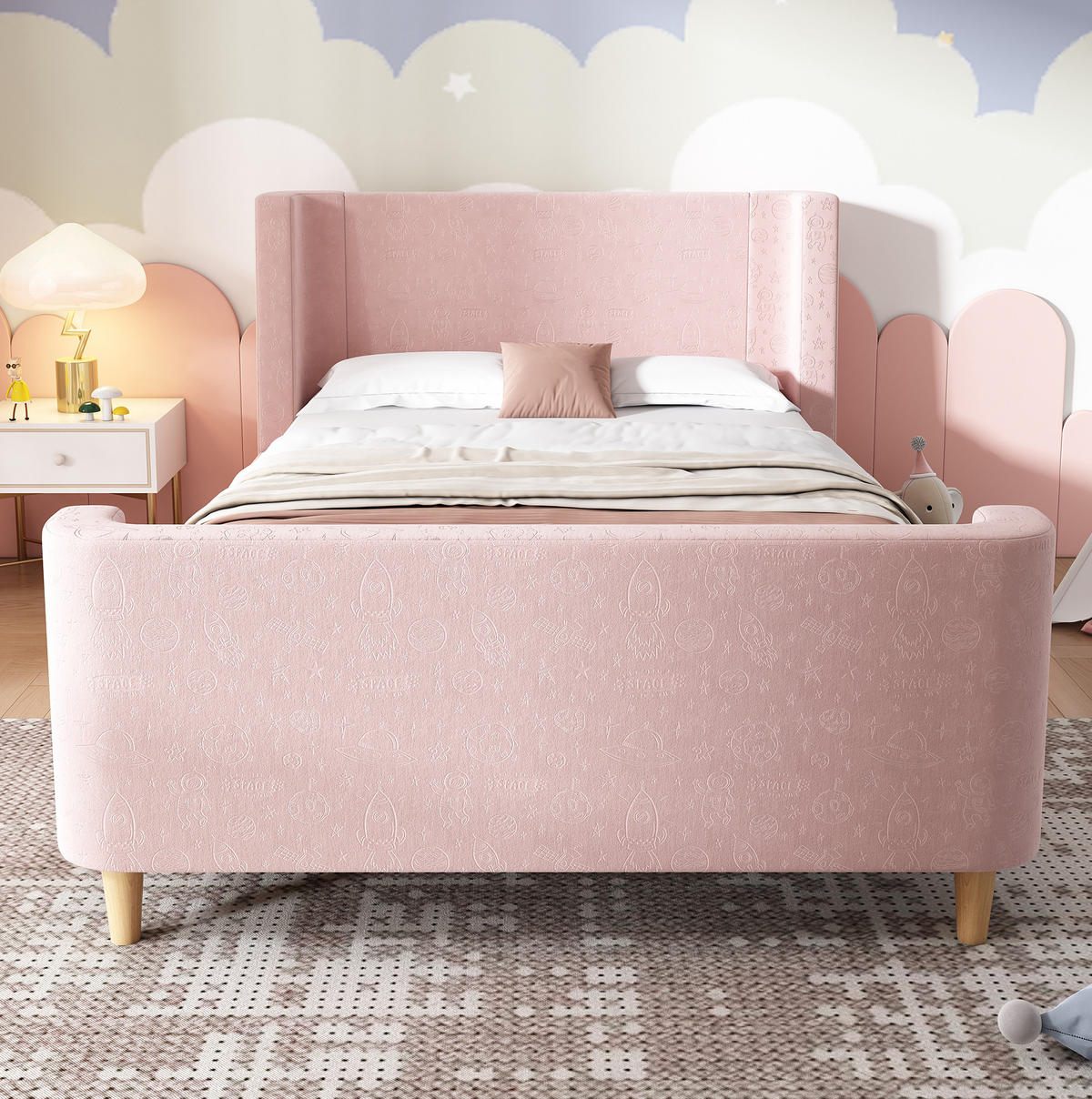 KINDERBETT aus Samt 90x200 cm Rosa mit Weltraummuster und Lattenrost - Rosa, Textil (90/200cm) - IVMEU