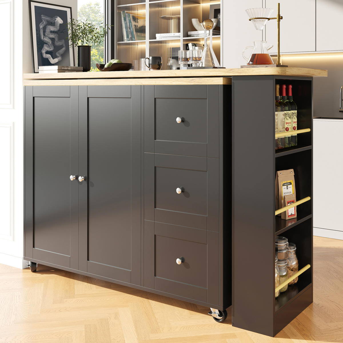 BARTISCH ausziehbar 135-203x39x106cm Schwarz 360°drehbar mit Rollen - Schwarz, Holzwerkstoff (203/106/39cm) - Modfu