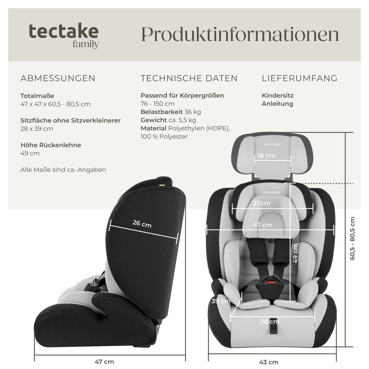 AUTOSITZ Sophie,von 76 bis 150 cm, Belastbarkeit 36 kg,hellgrau/schwarz - Hellgrau/Schwarz, Kunststoff (47/80.5/47cm) - tectake