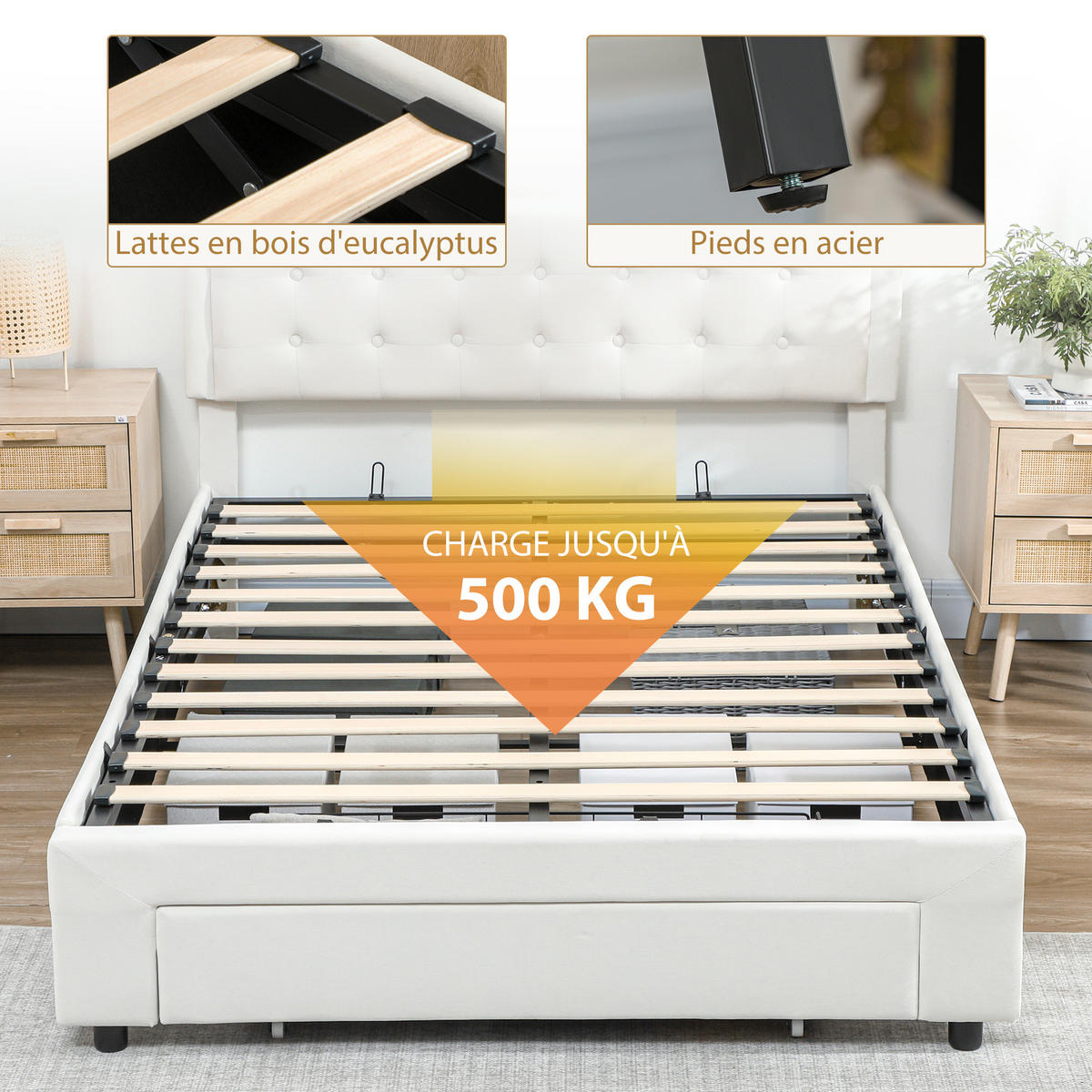 BETT 140x200 cm DE-14662 mit Gasdruckfedern & Schublade Creme - Creme, Holzwerkstoff (140/200cm) - ComfortXL