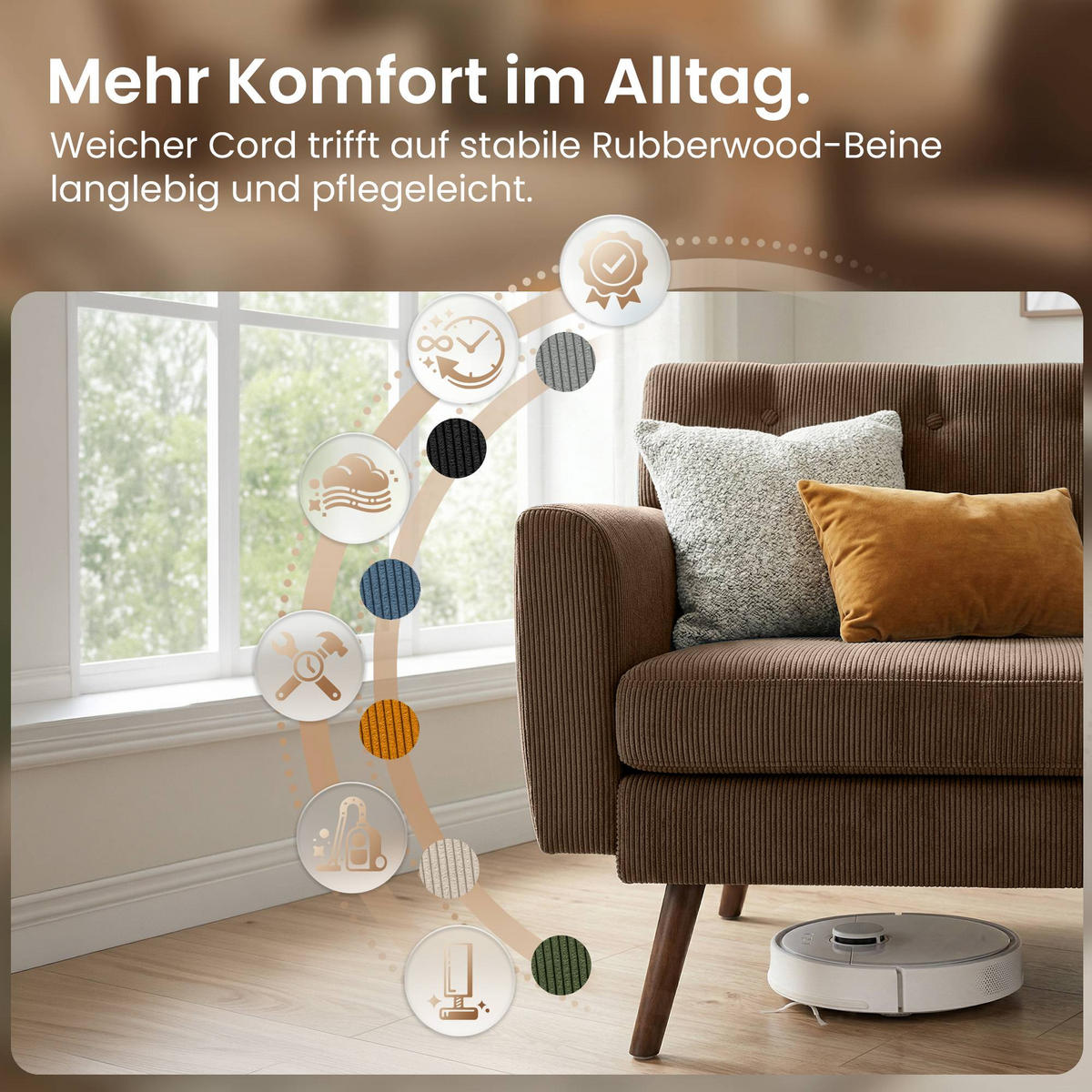 SOFA 120/74 cm Cord Dunkelbraun - Dunkelbraun/Braun, Holz/Textil (120/81/74cm) - CLP