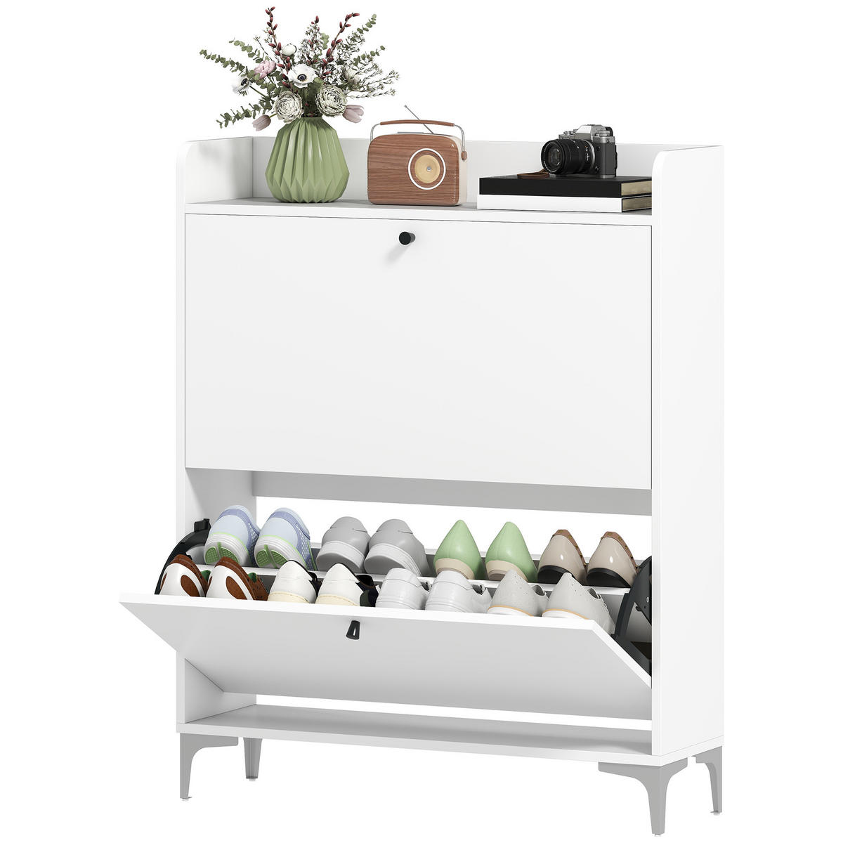 SCHUHSCHRANK DE-15059 2 Klapptüren mit verstellbaren Böden für 12-16 Paar Schuhe Weiß - Weiß, Holzwerkstoff (80/101/24cm) - ComfortXL