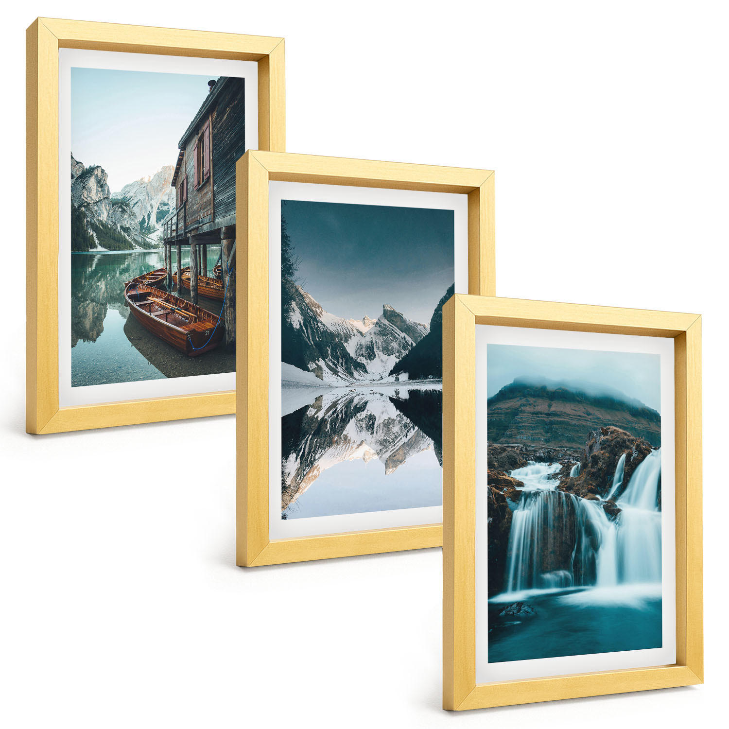 BILDER SET 3er Set - 20x30 cm Goldrahmen - Berglandschaften Wasserfall See - Goldfarben, Kunststoff (20/30cm) - TULUP
