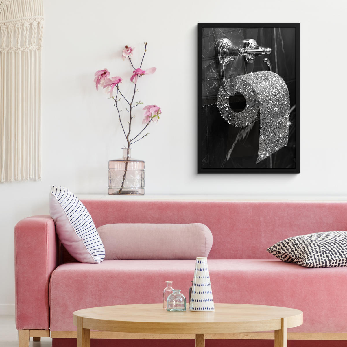 GERAHMTES BILD WC - Toilettenpapier - Schwarz und weiß - Glitter 40x60 cm - Silberfarben, Papier (40/60cm) - MuchoWow