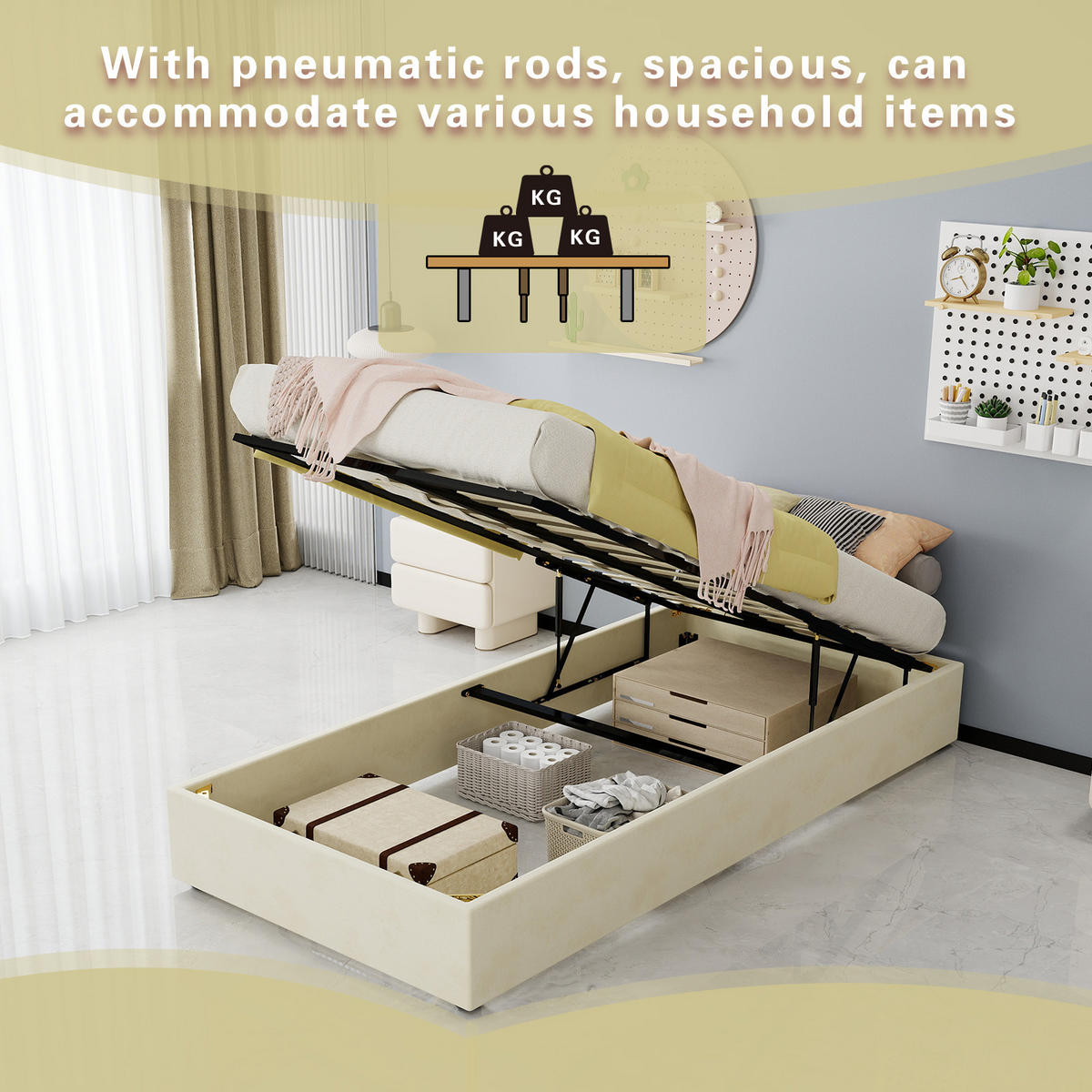 STAURAUMBETT 90/200 cm DE-35488 mit Gaslift Beige - Beige, Metall (90/200cm) - ComfortXL