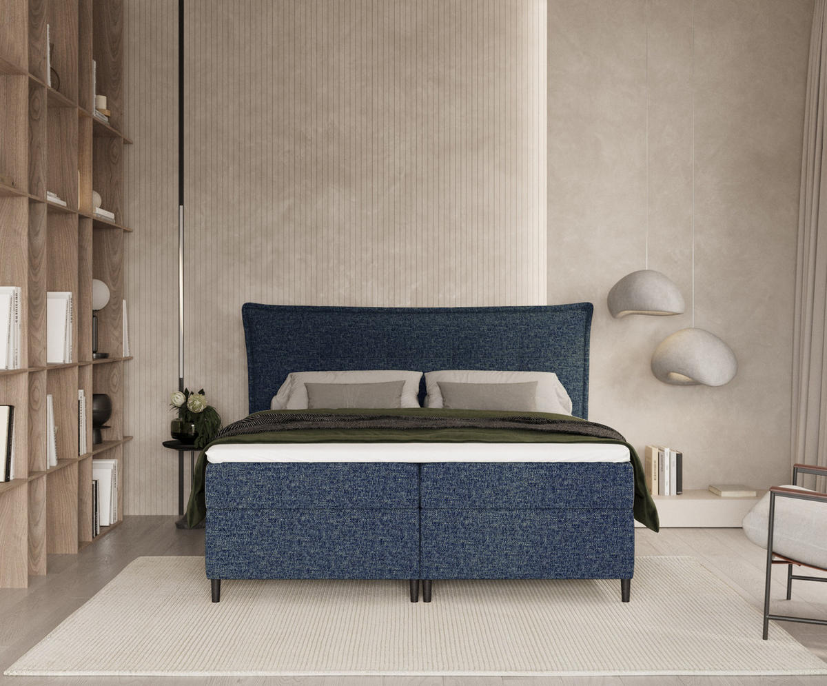 BOXBETT Sinai Marineblau 140/200 cm mit Taschenmatratze und Topper - Schwarz/Dunkelblau, Holz/Holzwerkstoff (140/200cm) - Maison de Reve
