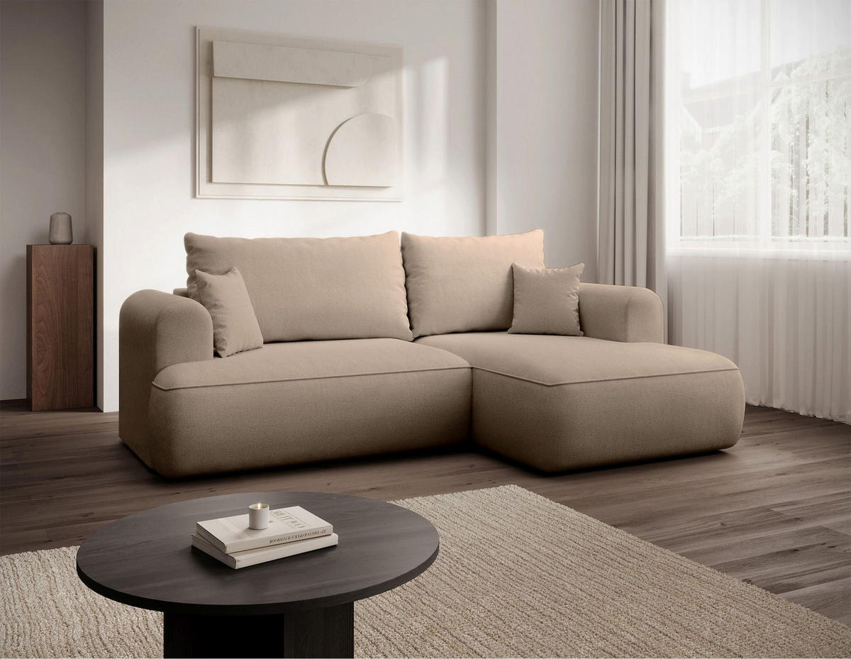 ECKSCHLAFSOFA Ovo Mini Beige Easy-Clean-Chenille-Bezug - Beige/Schwarz, Kunststoff/Textil (156/238cm) - Selsey