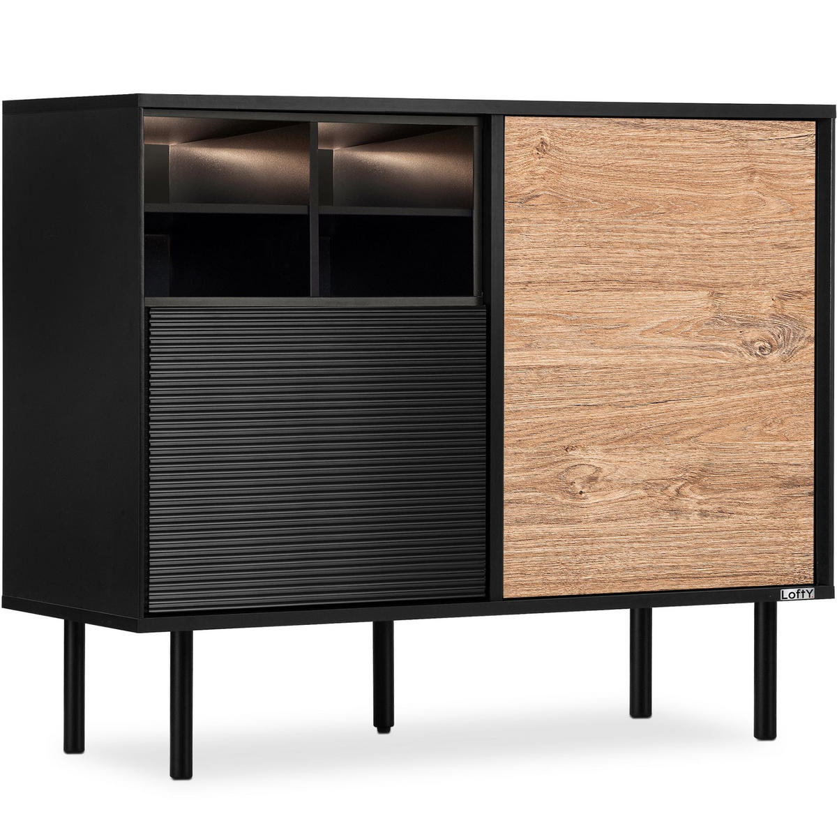 KOMMODE LOFTY Kreuzeinlage, schwarz / Eiche natur - Eichefarben/Schwarz, Holzwerkstoff (102/83/41cm) - KONSIMO®