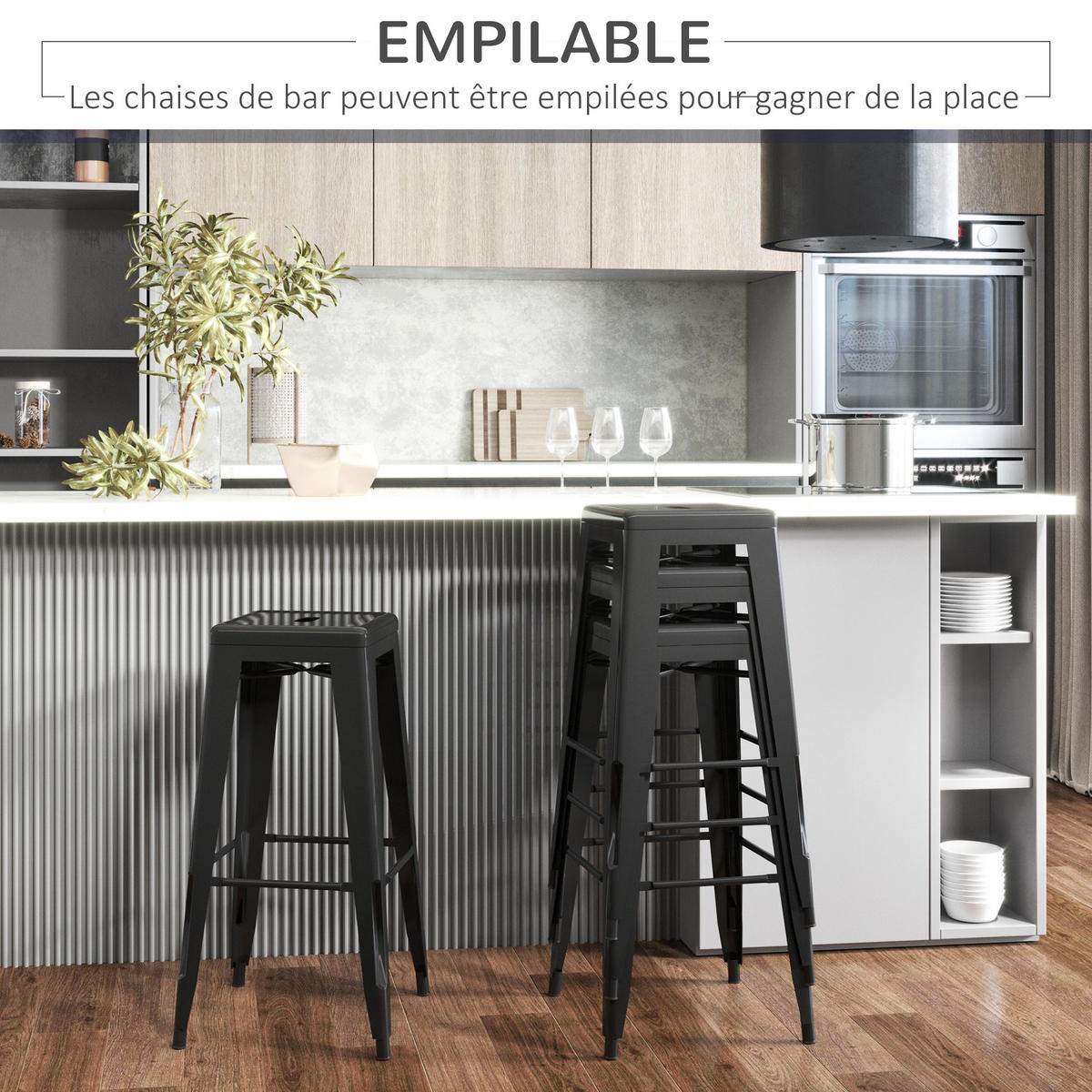 BARHOCKER 4er-Set DE-14690 industriell mit Fußstütze Schwarz - Schwarz, Metall (43/76/43cm) - ComfortXL