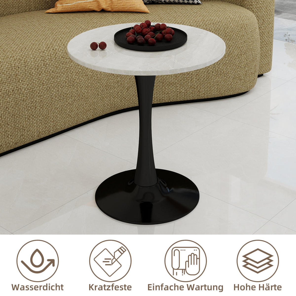 COUCHTISCH rund 70/70/72 cm Schwarz Weiß mit Kunstmarmorplatte im minimalistischen Design - Schwarz, Stein (70/70/72cm) - OKWISH