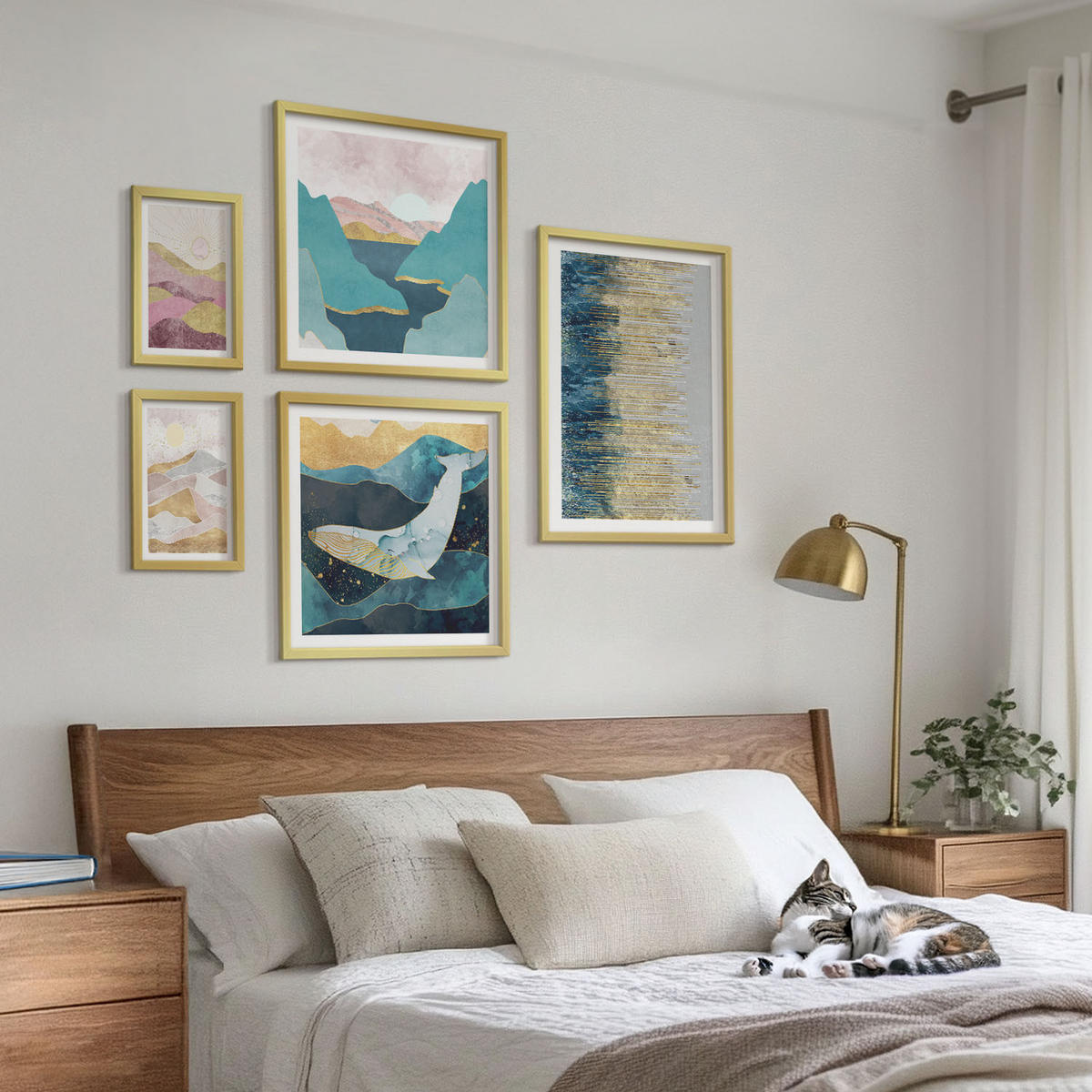 WANDBILDER 5er Set - 50x50 cm & 20x30 cm & 40x60 cm Goldrahmen - Abstrakte Berge Sonne - Goldfarben, Kunststoff (40/60cm) - ArtPrintCave