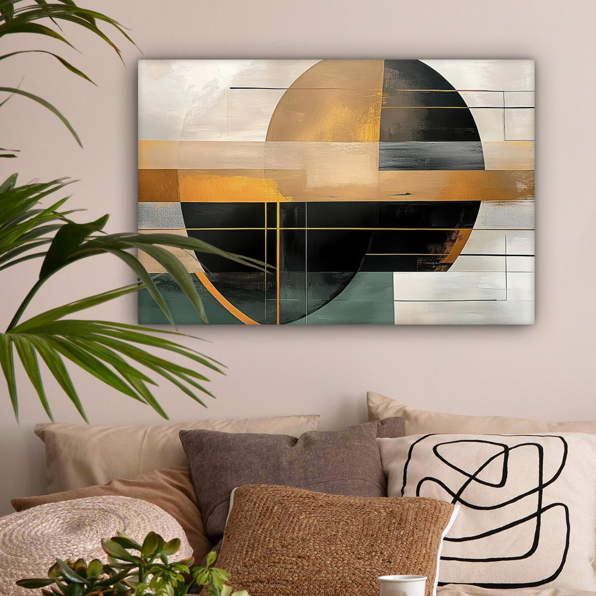 LEINWANDBILD - Abstrakt - Gold - Bronze - Grün - Formen - Modern - 90x60 - Deko Wohnzimmer - Multicolor, Textil (90/60cm) - MuchoWow