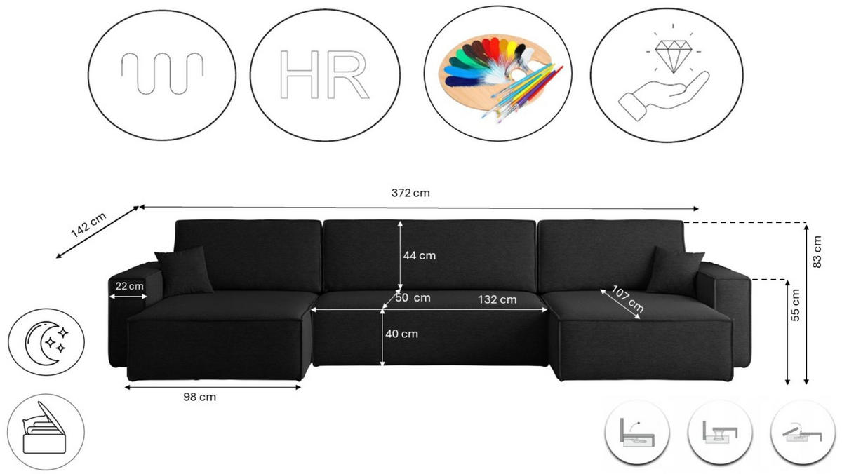 ECKSOFA Mit Schlaffunktion Und Bettkasten, Eckcouch BEST U XL Stoff Verita Schwarz - Schwarz, Holz (142/372cm) - Kaiser Möbel
