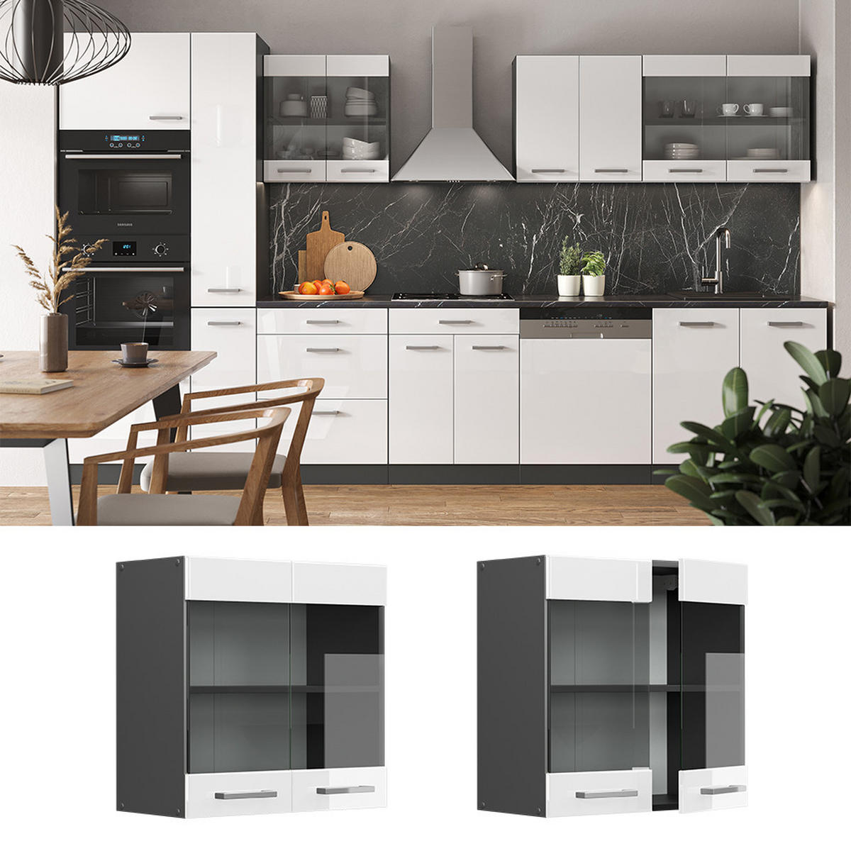 KÜCHENGLASSCHRANK R-Line Weiß Hochglanz 60 cm - Weiß Hochglanz/Anthrazit, Holzwerkstoff (60/60/31cm) - Vicco