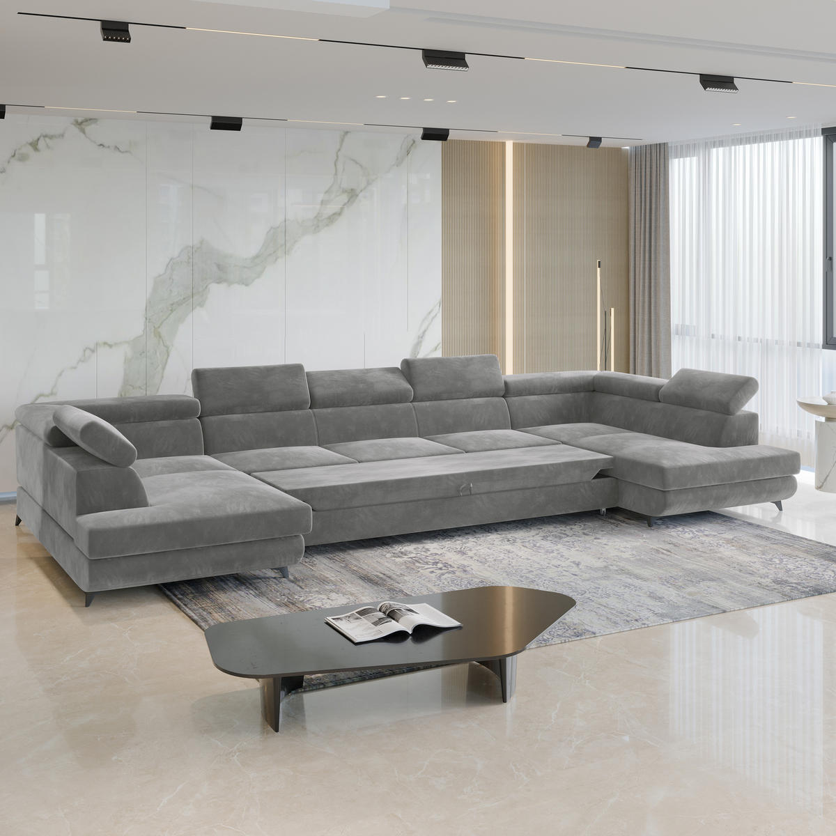 WOHNLANDSCHAFT URMANO Hellgrau Velours-Stoff mit Schlaffunktion - Hellgrau, Holz (395/89/190cm) - MASSENO