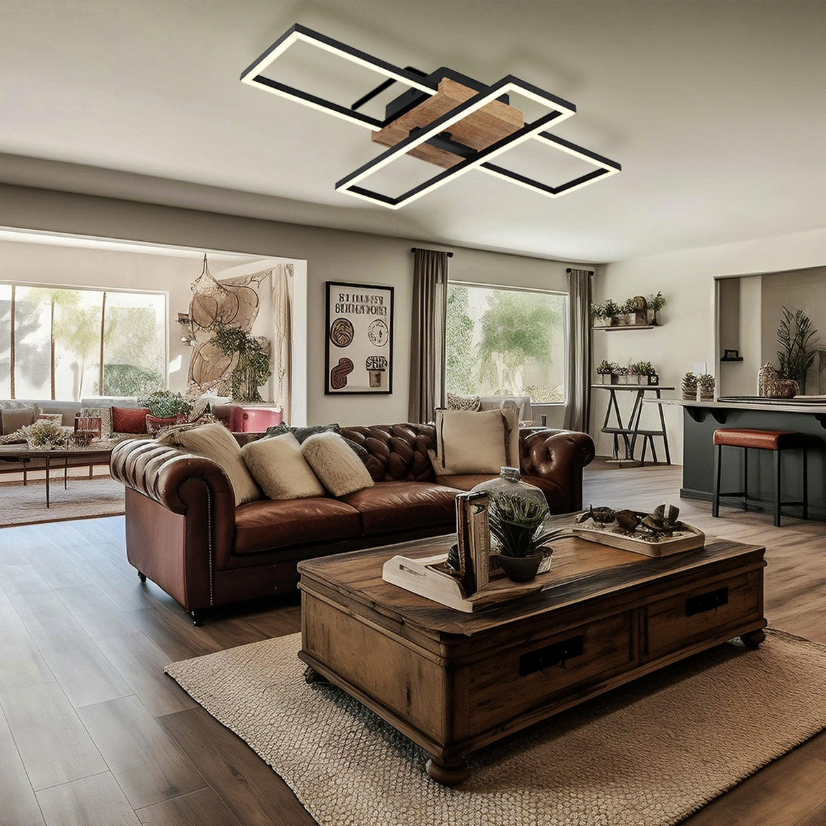 LED DECKENLEUCHTE Kendra Holzoptik Schwarz - Schwarz, Metall (60/15/10cm) - Globo Lighting