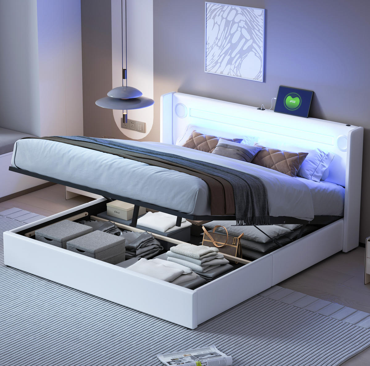 POLSTERBETT 160/200 cm mit LED-Lichtleiste, Bluetooth-Lautsprecher, USB-Anschlüssen und hydraulischem Stauraum, Weiß - Weiß, Kunststoff (160/200cm) - Redom