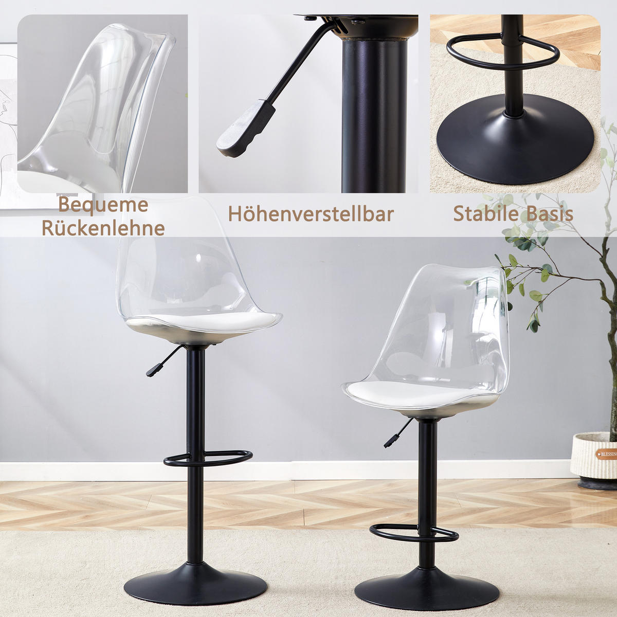 BARHOCKER 2er-Set Schwarz/Transparent mit PU-Leder und Rückenlehne - Schwarz, Metall (45.7/99/53.3cm) - PANGIVO