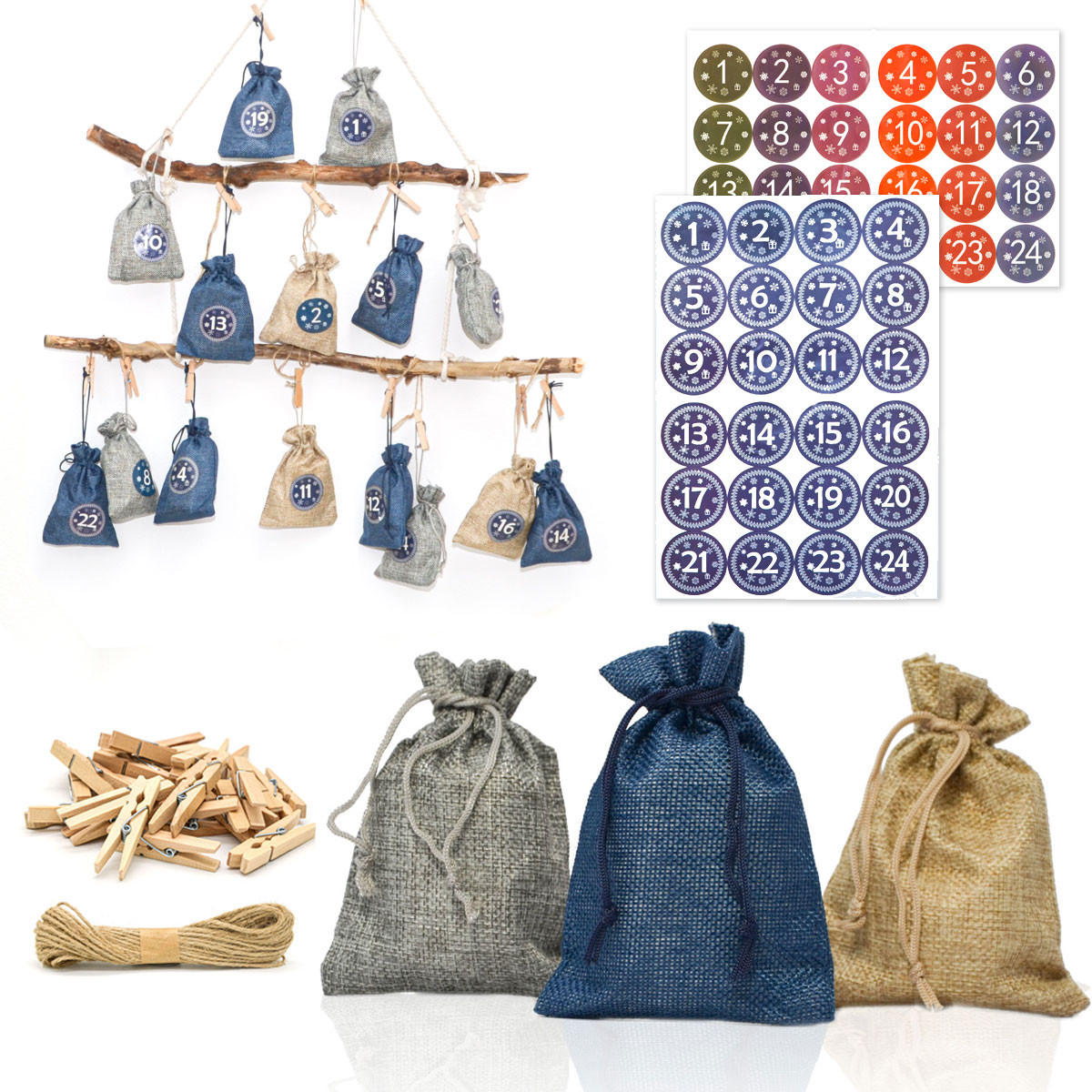 ADVENTSKALENDER zum Selbstbefüllen, 24 Geschenk-Säckchen Blau - Blau, Kunststoff (9.5/3/13cm) - Dunedesign