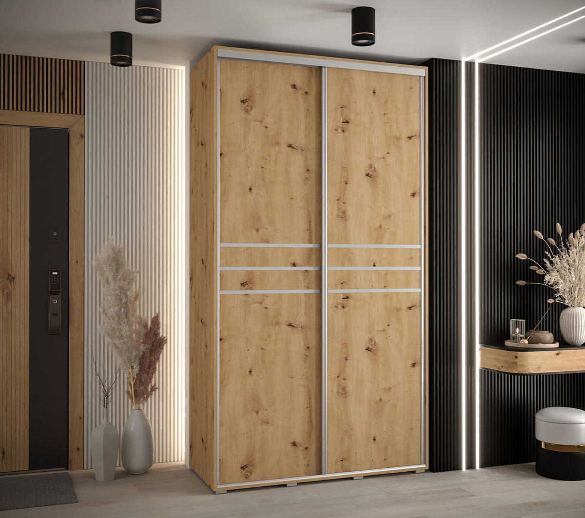 SCHWEBETÜRENSCHRANK 235,2/140/45 2-türig - Silberfarben/Eiche Artisan, Holz/Metall (140/235/45cm) - Abiks Möbel