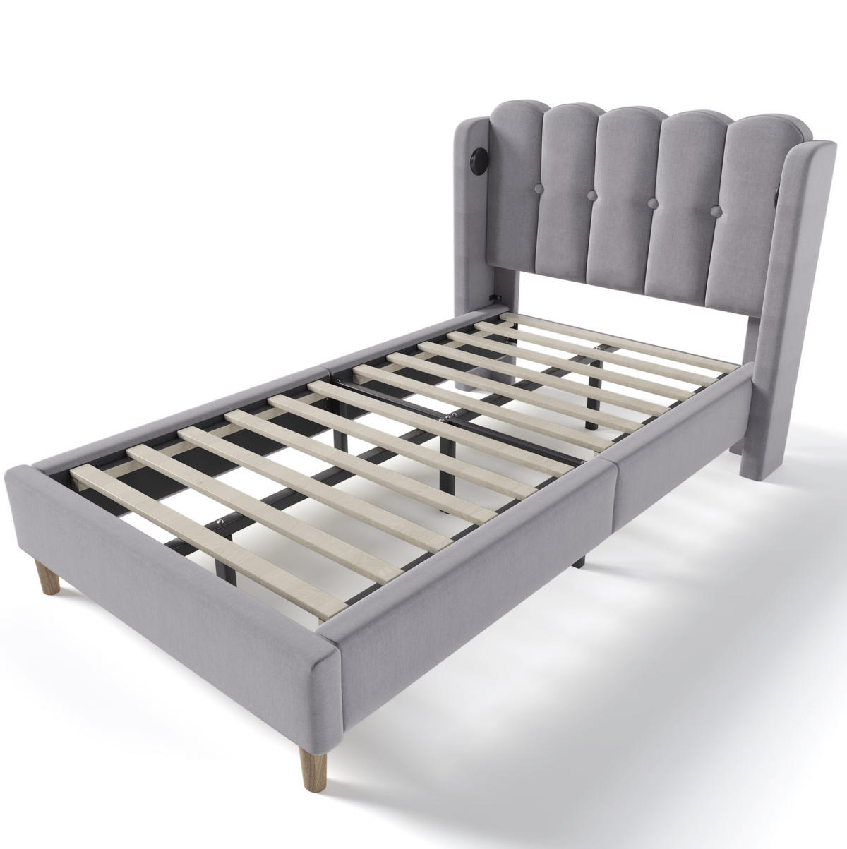 POLSTERBETT 90/200 cm mit USB- und Typ-C-Anschluss, Lattenrost und Matratze, Leinenbezug, Grau - Grau, Textil (90/200cm) - Redom